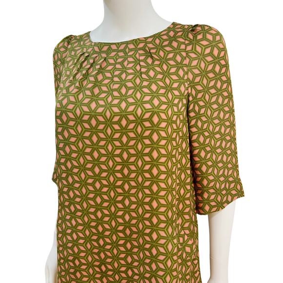 Fossil Pink Green Geometric Business Casual 3/4 Sleeve Shift Mini Dress, Small - Picture 2 of 12